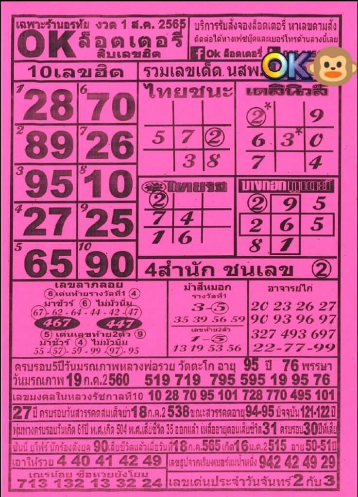 เลขเด็ด หวยOKลอตเตอรี่1/8/65