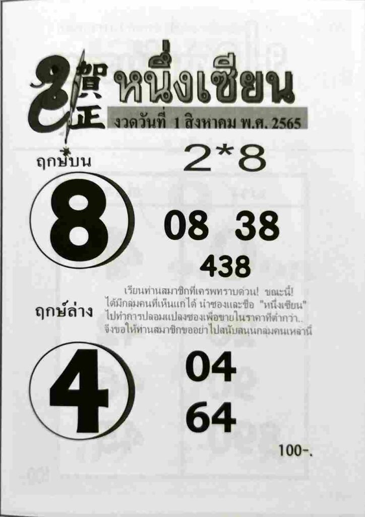 เลขเด็ด หวยหนึ่งเซียน1/8/65