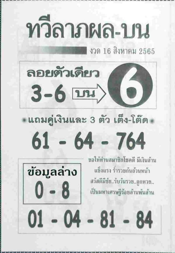 เลขเด็ด หวยทวีลาภผลบน16/8/65