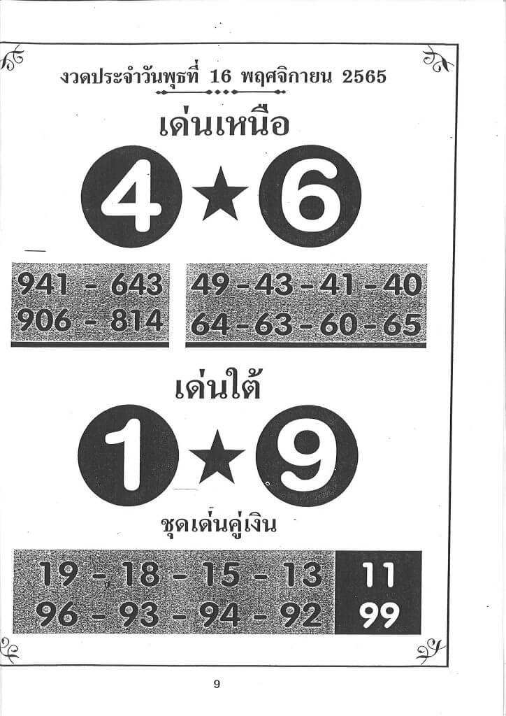 เลขเด็ด หวยเด่นเหนือใต้16-11-65