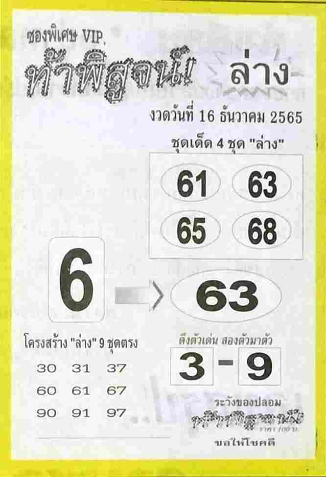 เลขเด็ด หวยท้าพิสูจน์ล่าง 16-12-65 