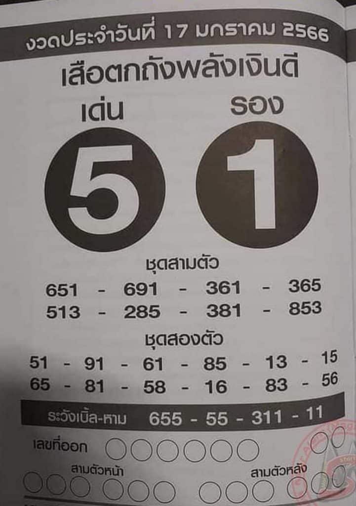 เลขเด็ด หวยเสือตกถังพลังเงินดี 17-1-66