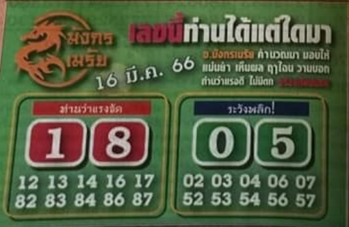 หวยมังกรเมรัย 16-3-66