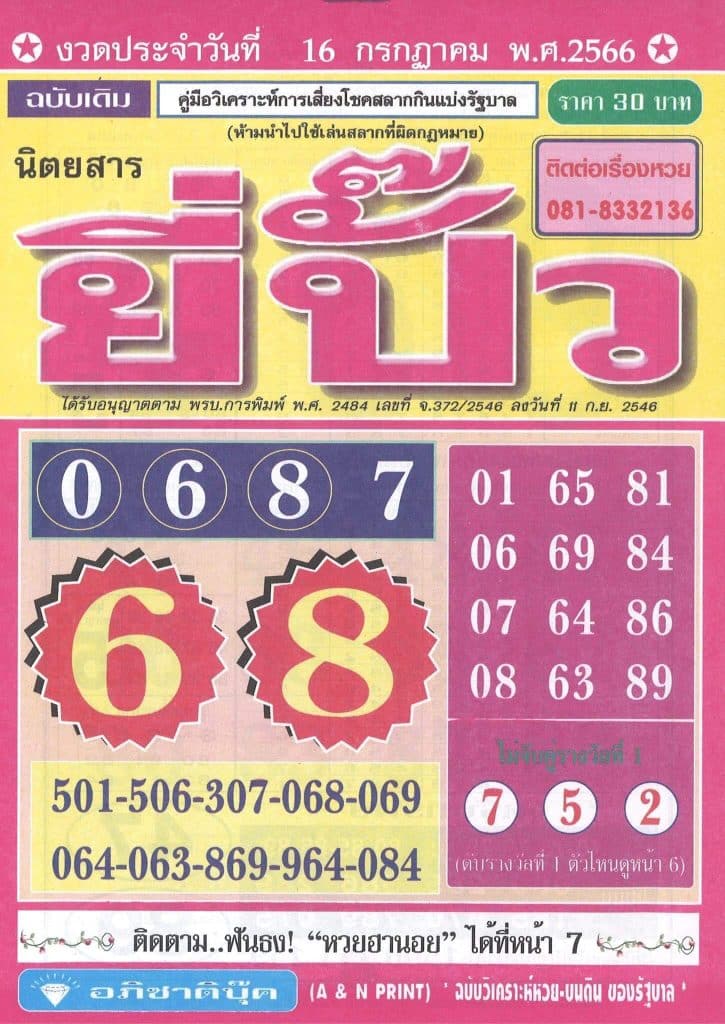 หวยยี่ปั๊วงวดนี้ 16-7-66