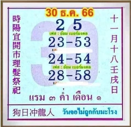 หวยปฏิทินจีน 30-12-66